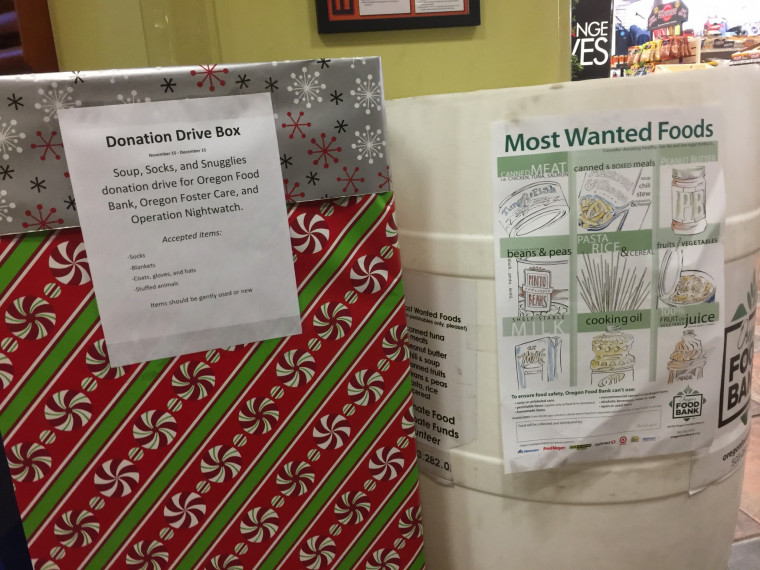 Collection boxes and Oregon Food Bank bins will be available until Thursday, December 15.