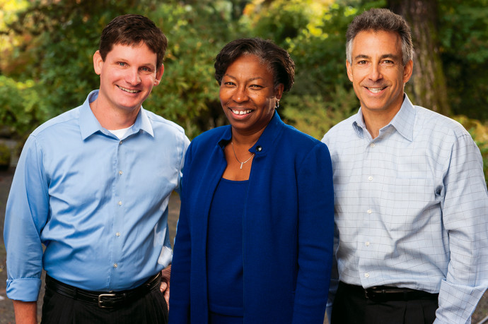 Brian Detweiler-Bedell, the center's academic director; Tuajuanda Jordan, dean of the College of Arts and Sciences; and Michael Kaplan, managing director of the center.