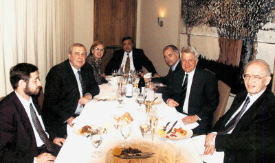 Russia's minister of atomic energy, Aleksandr Rumyantsev, second from left, at a 2002 dinner for Thomas L. Neff, second from right, who h...