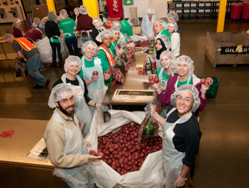 A group from Lewis & Clark helped package food at Oregon Food Bank in 2010.