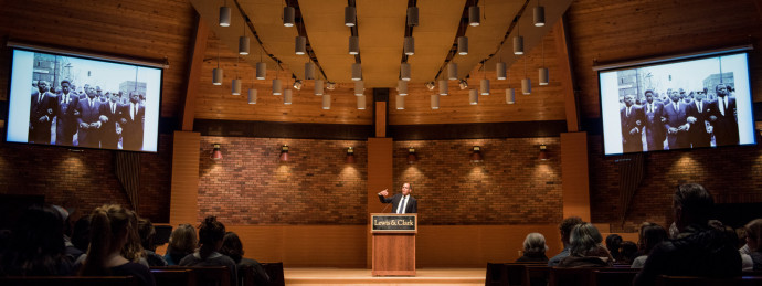 James Forman Jr. talking at the Chamberlin Social Justice Lecture on January 25. (Photo by Ted Jack '15)