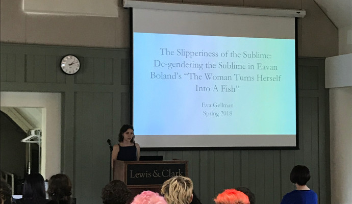 Eva Gellman '18 presenting her award winning paper, The Slipperiness of the Sublime in Eavan Boland's The Woman Who Turns Herse...