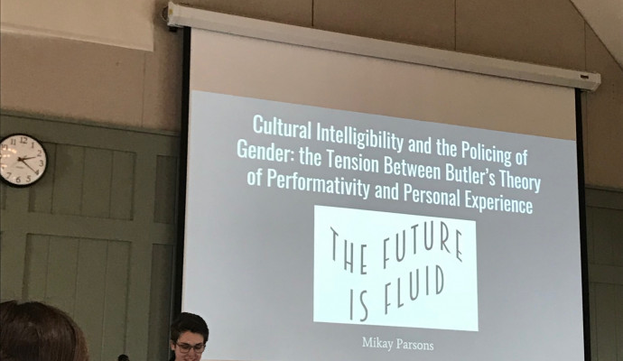 Mikay Parson '18 presenting their award winning paper, Cultural Intelligibility and the Policing of Gender: The Tension Between Butl...