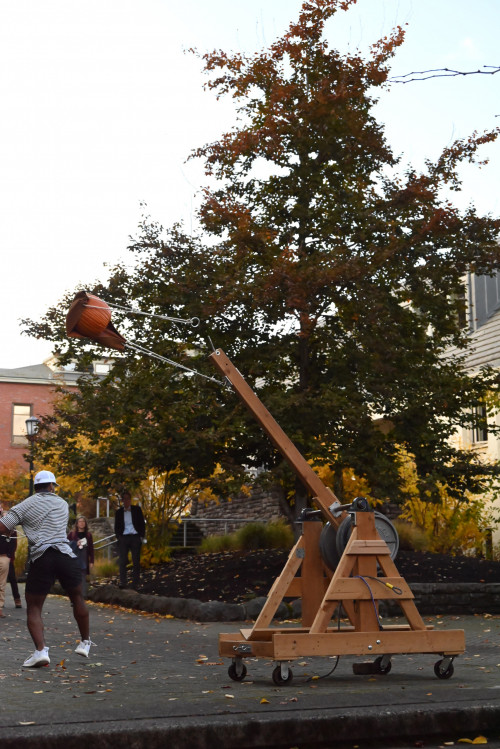 2021 Physics Club Pumpkin Launch outside Olin Center for Physics and Chemistry.