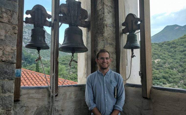 David, standing in a bell tower at Timios Podromos Monastery near Serres, Greece.