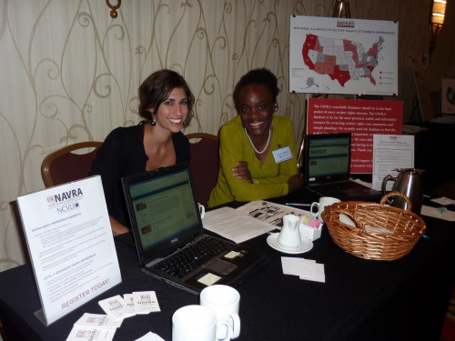NCVLI legal intern Jacqueline Swanson and NCVLI staff Fumi Owoso provide information to attendees about the National Alliance of Victims'...
