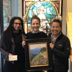 Pictured left to right: Tammy Jo Wilson, Jenna Barganski of Clackamas County Historical Society, and Elo Wobig Artist with painting Road ...