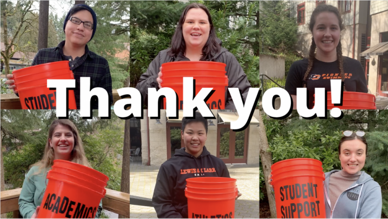 Image of students holding orange buckets with the words, thank you.