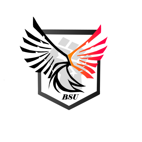 Black rectangle with pointed bottom, text at bottom says BSU. Black and red bird with one black and one red wing with a grey ...
