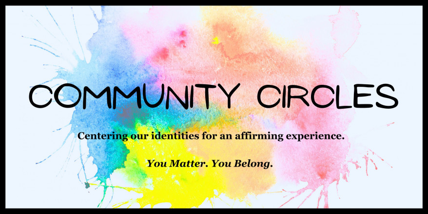 A banner that states Community Circles under this text states Centering our identities for an affirming experience followed...