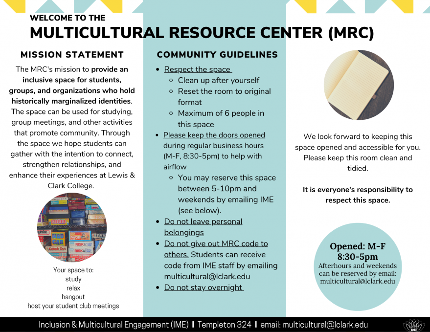 MRC Signage. Provides Mission Statement, community guidelines, and time available