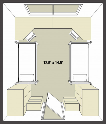 A drawn layout of a double residence hall room in Copeland Hall.