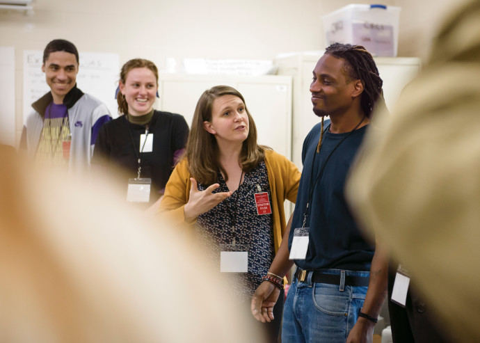 Rebecca Lingafelter (center), associate professor of theatre, helps students prepare a theatre pe...