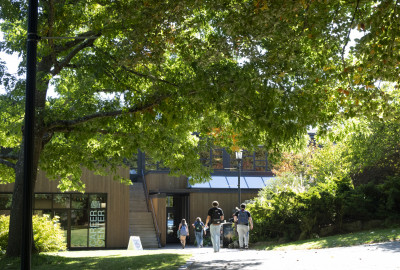 Exterior of Career Center with students walking outside.