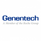 Genentech in blue lettering