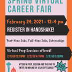 Poster for Joint Virtual Fair in Handshake. Registration begins Feb. 1st for Alumni and Students....