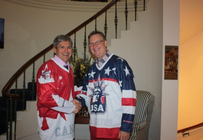 Consul General Marquardt in 2013 with his Canadian counterpart Mario Ste. Marie as they welcomed their national hockey teams to Sydney to...