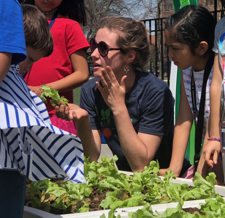 Katherine Jernigan working with students in a school garden in Chicago.