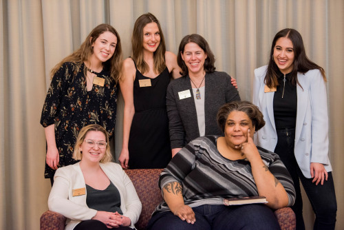 Student co-chairs with symposium faculty director, Kimberly Brodkin, and keynote speaker, Roxane Gay