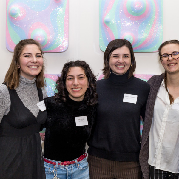 GSS art show curators Nicole Vannewkirk '22, Lauren Cloughesy '20, Hannah Ronningen '20, and Elia...