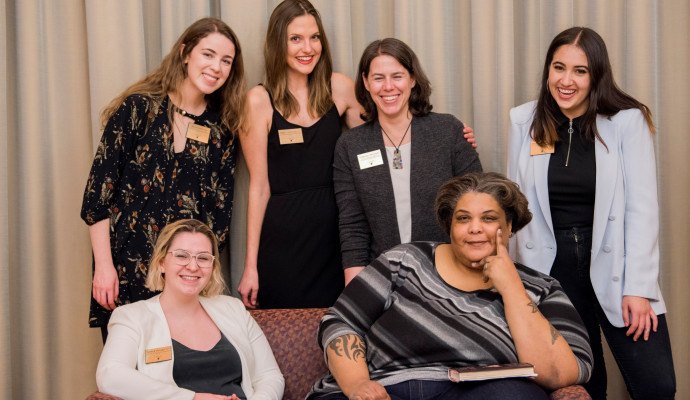 Student co-chairs with symposium faculty director, Kimberly Brodkin, and keynote speaker, Roxane Gay