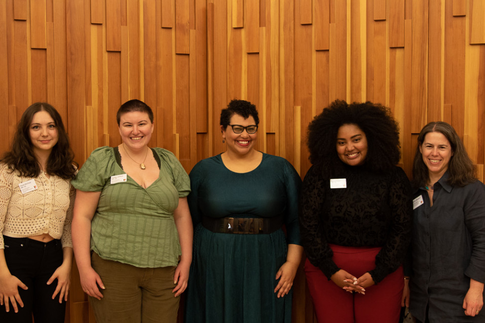 Keynote speaker, Sami Schalk, with symposium co-chairs Hazel McGraw '22, Carley LaPlaca '22 and Iyanah Fuller '22, and faculty director K...