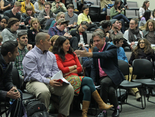 Professors Elliott Young and Reiko Hillyer interact with keynote speaker Dylan Rodríguez before his talk