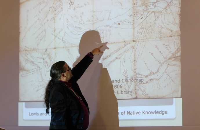 David G. Lewis, PhD, member of the Grand Ronde Tribe, ethno-historian, and adjunct professor at Chemeketa Community College speaks at the...