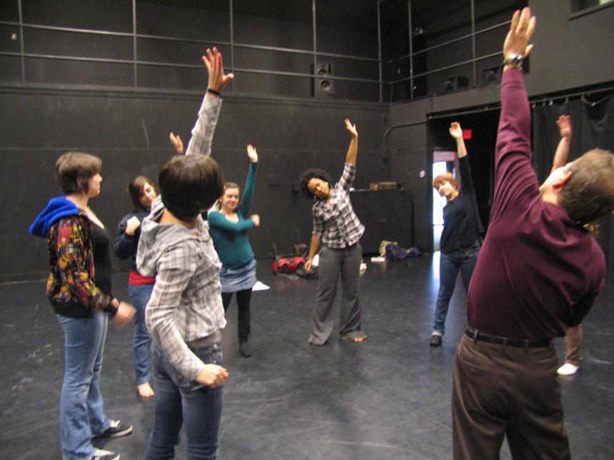 Stephen Weeks and students in acting warmups