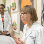    Dr. Pamela Schaff discusses narrative medicine at USC's Keck School of Medicine as Chioma Moneme, a student in the class of 2020, look...