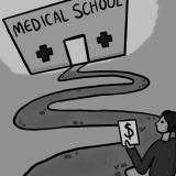 Illustration of a person at the start of a winding pathway that ends at medical school. 