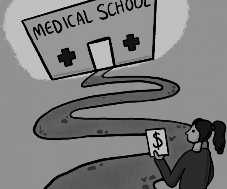 Illustration of a person at the start of a winding pathway that ends at medical school. 