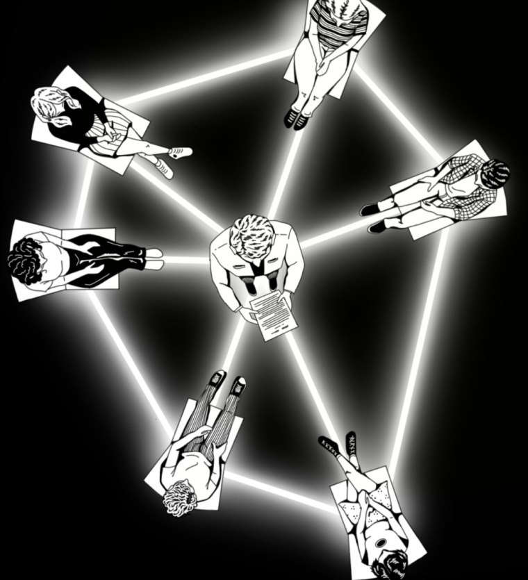 Graphic drawing of people sitting in a circle, one at the center dressed as a doctor, connected by a web of light.