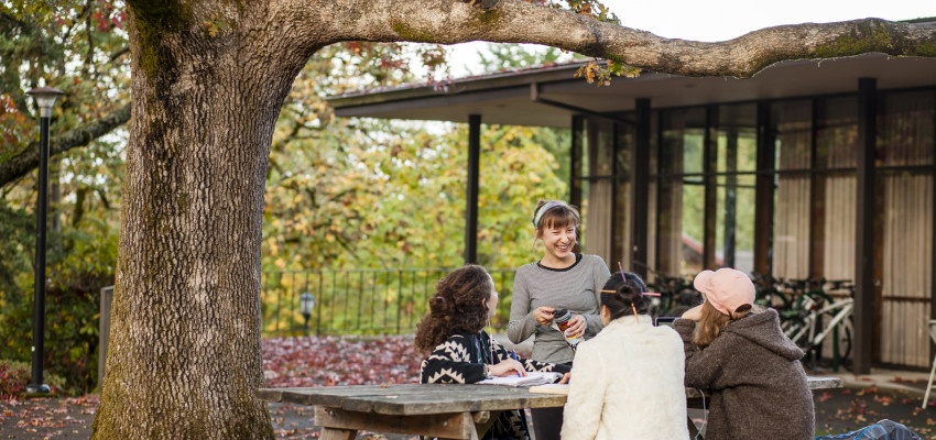 The benches outside Tamarack are a great place to catch up with friends! 