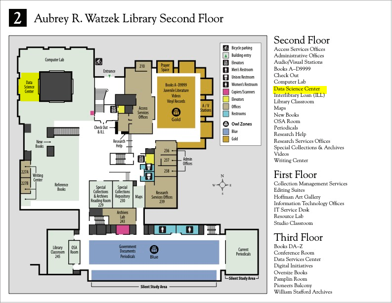Data Science Center highlighted in the back left corner of the 2nd floor of Watzek Library