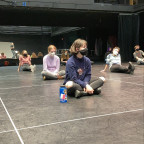 Students rehearsing for the Fall 2020 production of Cabaret do so while practicing social distanc...