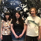 Physics professor Bethe Scaletter with Cyan Cowap BA '19 and James Abney.