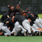 Baseball team players celebrating by jumping together in giant dog pile.