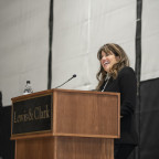 Monica Lewinsky BS ?95 takes the stage in Pamplin Sports Center to speak to the Lewis & Clark...