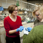Chemistry Professor Anne Bentley, in the lab with undergrads.