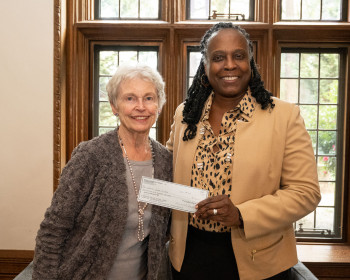 Marcia Randall and President Robin Holmes-Sullivan during the check presentation of the Randall Trust's $1.5 million gift to L