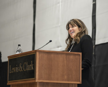 Monica Lewinsky BS '95 takes the stage in Pamplin Sports Center to speak to the Lewis & Clark community.