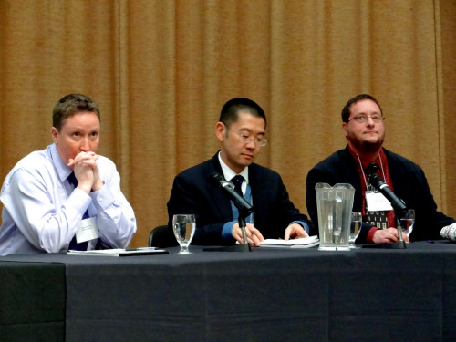Keynote panelists Melissa Wilcox, Patrick Cheng, and Noach Dzmura