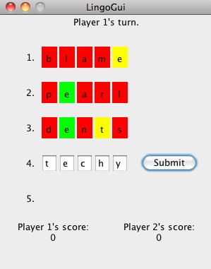 Here's a screen shot of the game, Lingo, that Rudy Reeves developed for his CS II class in the Fall of 2010.