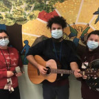 Music therapists Maegan Tomasello, left; Zein Hassanein, middle, and Lindsy Burns usually work with patients at Temple University Hospita...